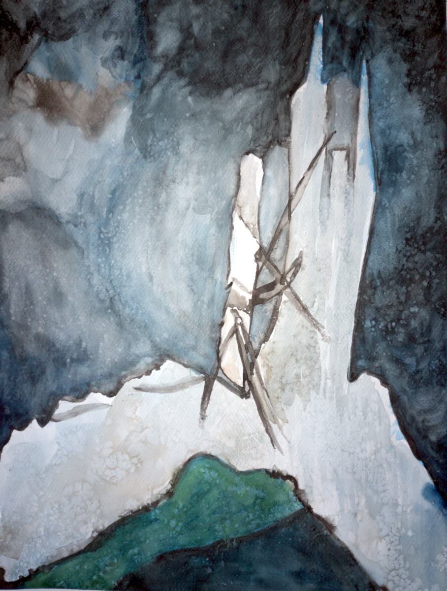 Blatt 17.6 aus dem "Blauen Skizzenbuch", Artefaktinterpretation in Aquarell, 48cm x 36 cm 200g/m², Zülpich 2025